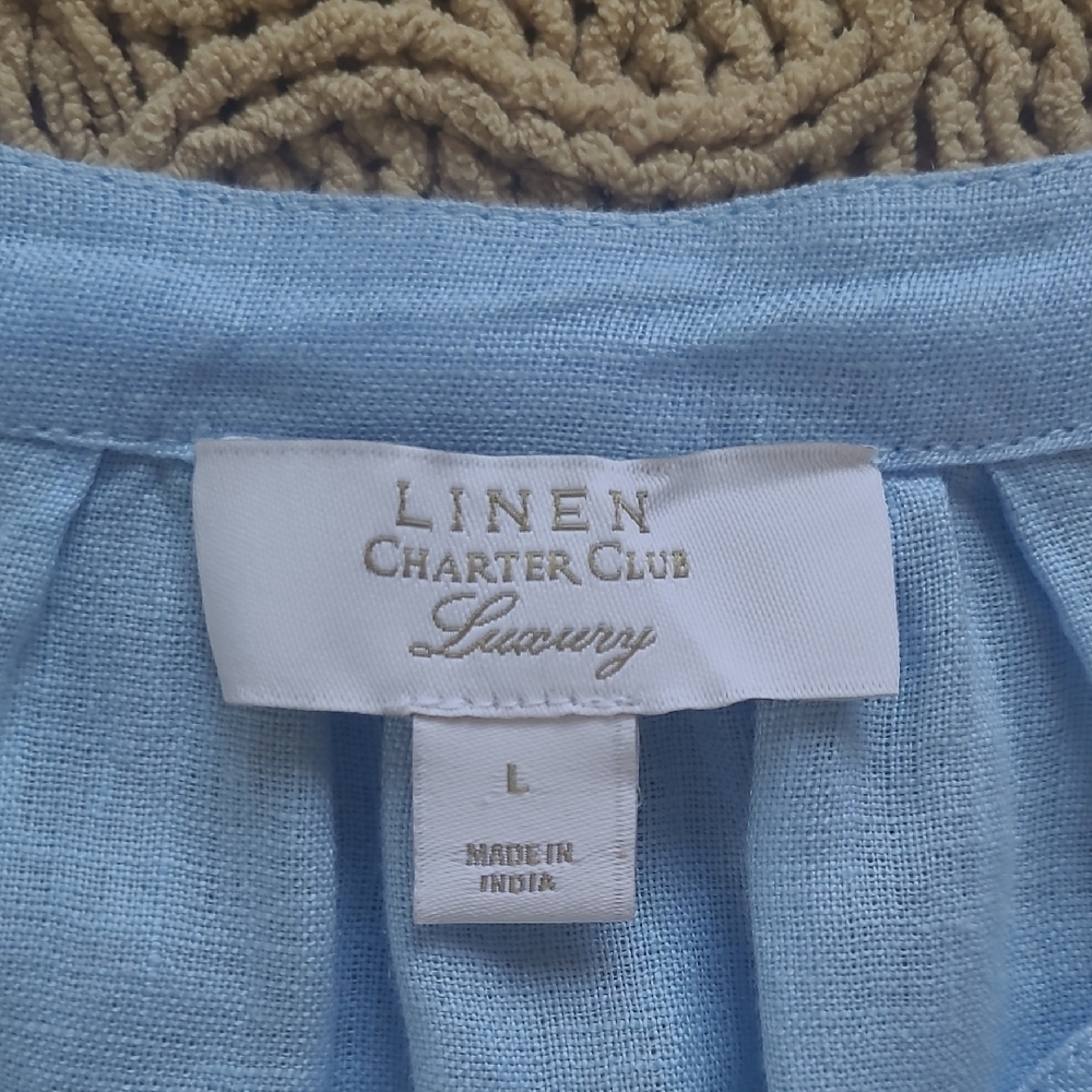 Charter Club Blue Linen Blouse with Floral Printed Sleeves - Size L - Picture 5 of 9